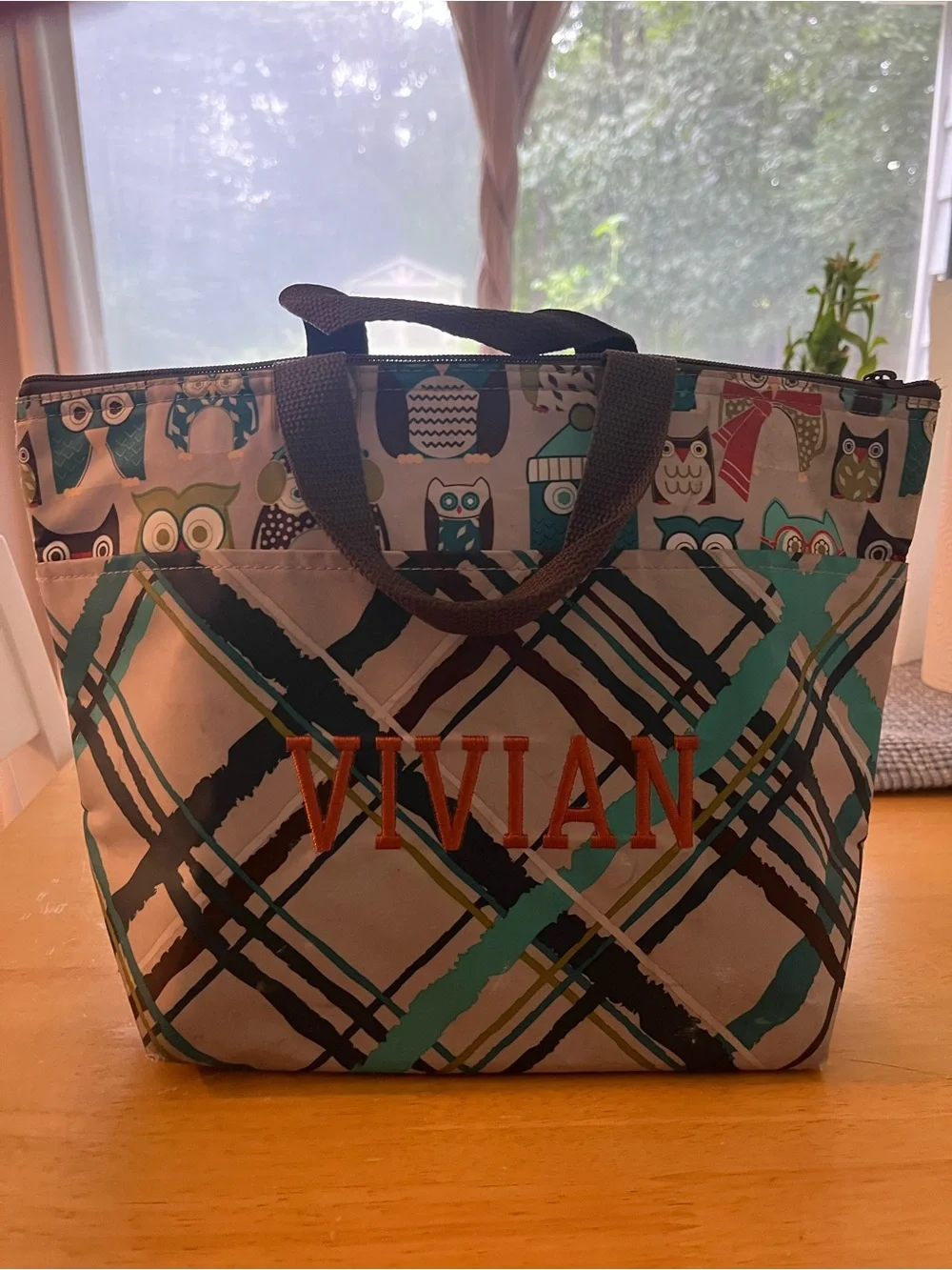 Thirty One Personalized Vivian Teal Plaid Tote Bag